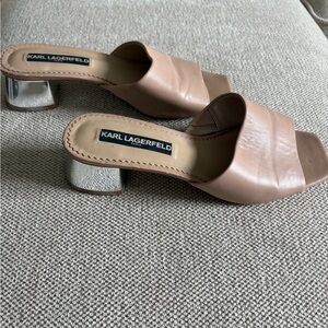 Karl Lagerfeld Blush Leather Slide Mules with Silver Block Heel